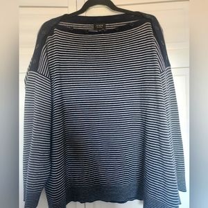 J Crew Navy and White stripped Cashmere Sweater, boat neck with buttons, L/XL